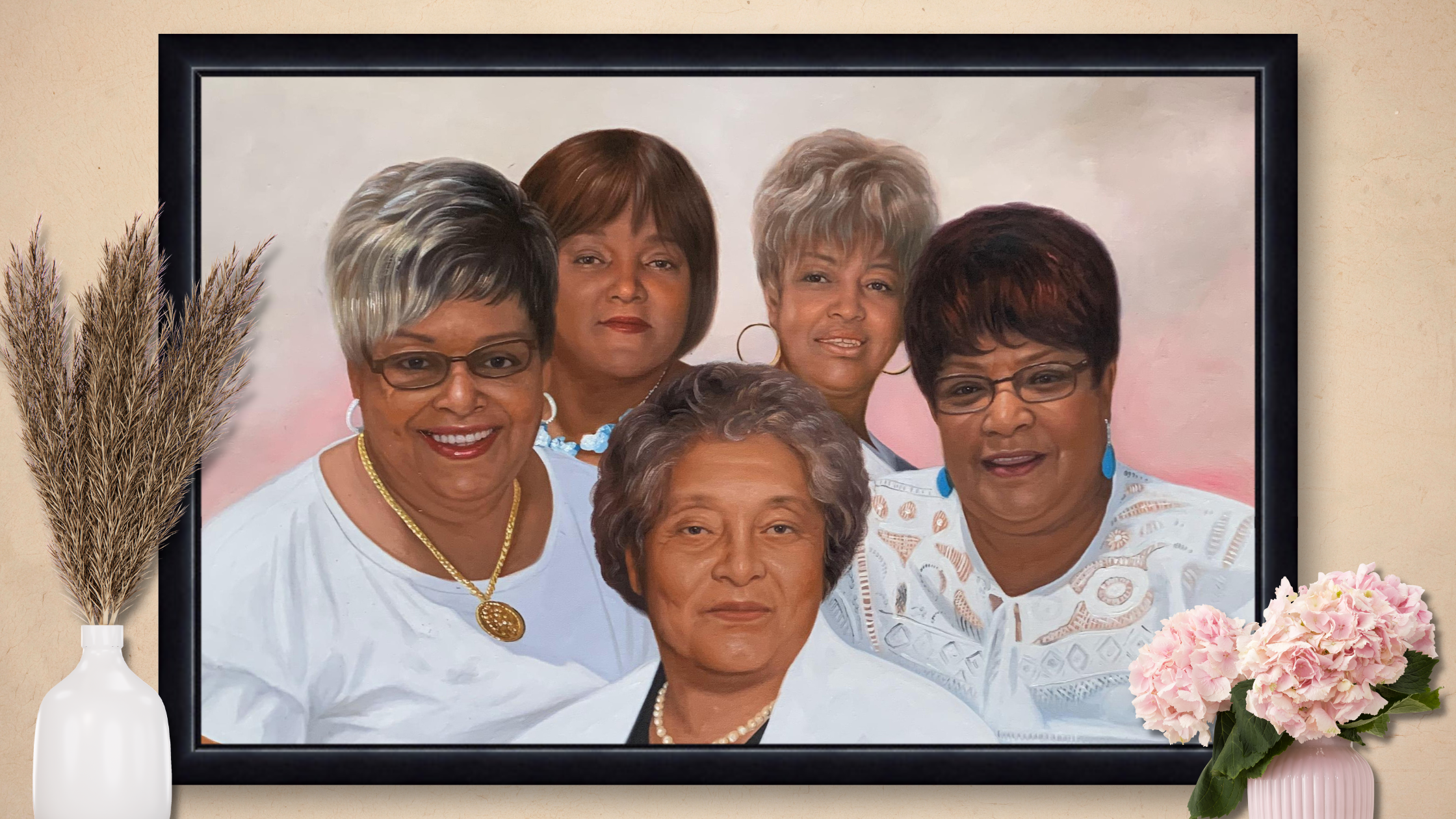 Portrait of 5 women, 4 sister and their late mother, the matriarch of the family.